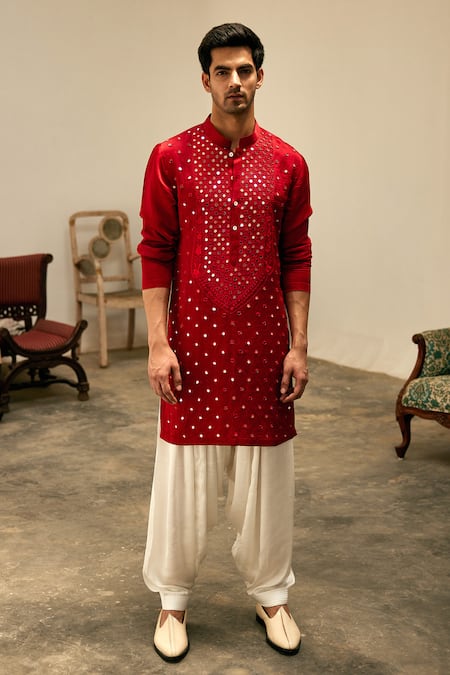 Ankit V Kapoor Red Linen, Cotton, Silk Mirrors, Embroidery Zaid Kurta And Salwar Set at Aza Fashions Ankit V Kapoor_Red Linen, Cotton, Silk Mirrors, Embroidery Zaid Kurta And Salwar Set _at_Aza_Fashions
