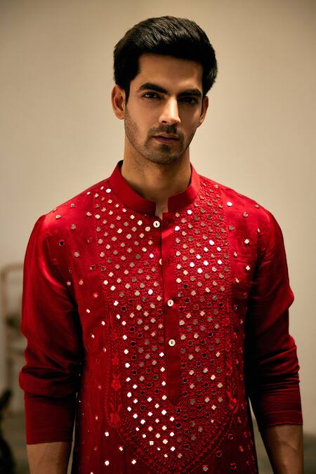 Buy Ankit V Kapoor Red Linen, Cotton, Silk Mirrors, Embroidery Zaid Kurta And Salwar Set Buy_Ankit V Kapoor_Red Linen, Cotton, Silk Mirrors, Embroidery Zaid Kurta And Salwar Set