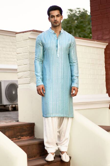 Ankit V Kapoor_Blue Georgette, Cotton Mirrors, Embroidery Yasir Kurta Set _Online_at_Aza_Fashions