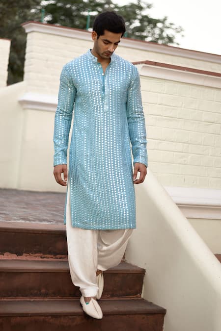 Shop_Ankit V Kapoor_Blue Georgette, Cotton Mirrors, Embroidery Yasir Kurta Set _Online_at_Aza_Fashions