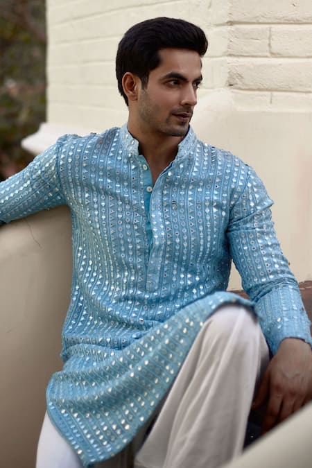 Ankit V Kapoor_Blue Georgette, Cotton Mirrors, Embroidery Yasir Kurta Set _at_Aza_Fashions