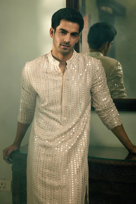 Ankit V Kapoor_Beige Georgette, Cotton Mirrors Yasir Stripe Embroidered Kurta Set _Online_at_Aza_Fashions
