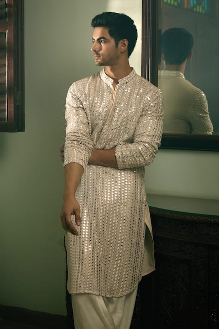 Buy_Ankit V Kapoor_Beige Georgette, Cotton Mirrors Yasir Stripe Embroidered Kurta Set _Online_at_Aza_Fashions