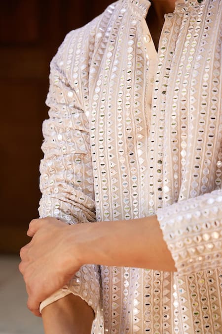 Shop_Ankit V Kapoor_Beige Georgette, Cotton Mirrors Yasir Stripe Embroidered Kurta Set _Online_at_Aza_Fashions