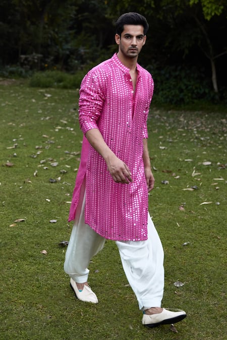 Ankit V Kapoor_Pink Georgette, Cotton Mirrors, Embroidery Yasir Kurta And Salwar Set _Online_at_Aza_Fashions