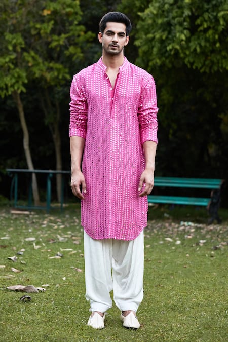 Shop_Ankit V Kapoor_Pink Georgette, Cotton Mirrors, Embroidery Yasir Kurta And Salwar Set _Online_at_Aza_Fashions