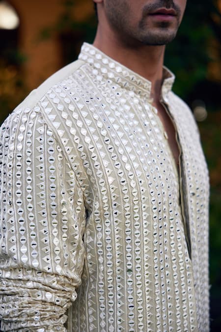 Shop Ankit V Kapoor Green Georgette, Cotton Embroidery Yasir Mirror Kurta Set Online at Aza Fashions Shop_Ankit V Kapoor_Green Georgette, Cotton Embroidery Yasir Mirror Kurta Set _Online_at_Aza_Fashions