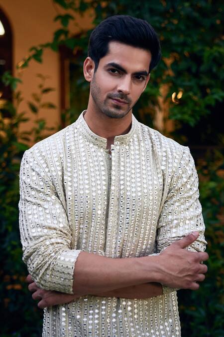 Ankit V Kapoor Green Georgette, Cotton Embroidery Yasir Mirror Kurta Set at Aza Fashions Ankit V Kapoor_Green Georgette, Cotton Embroidery Yasir Mirror Kurta Set _at_Aza_Fashions