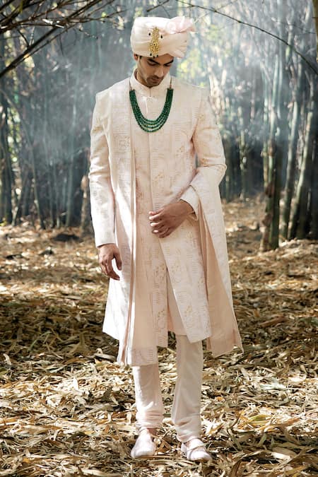 Ankit V Kapoor_Pink Cotton, Silk Embroidery, Sequins Zahid Thread Sherwani Set _Online_at_Aza_Fashions