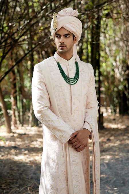 Buy_Ankit V Kapoor_Pink Cotton, Silk Embroidery, Sequins Zahid Thread Sherwani Set _Online_at_Aza_Fashions