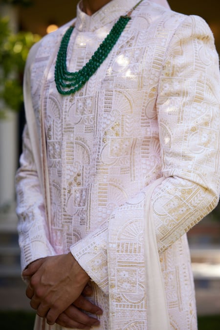 Ankit V Kapoor_Pink Cotton, Silk Embroidery, Sequins Zahid Thread Sherwani Set _at_Aza_Fashions