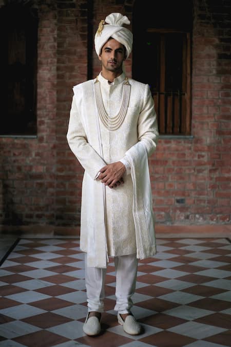 Ankit V Kapoor Ivory Cotton Silk Embroidered And Woven Thread Work Turbat Paisley Sherwani Set