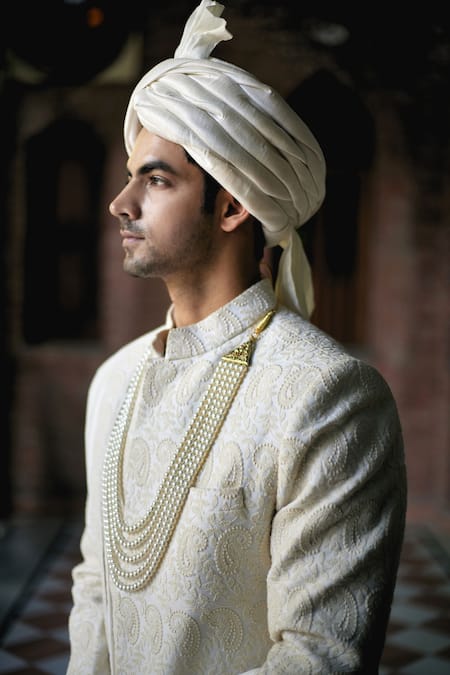 Ankit V Kapoor Ivory Cotton, Silk Embroidery Turbat Paisley Thread Sherwani Set Online at Aza Fashions Ankit V Kapoor_Ivory Cotton, Silk Embroidery Turbat Paisley Thread Sherwani Set _Online_at_Aza_Fashions