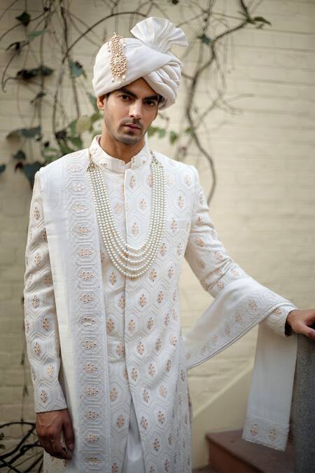 Ankit V Kapoor_Ivory Cotton, Silk Embroidery, Gota Patti Fahad Thread Sherwani Set_Online_at_Aza_Fashions