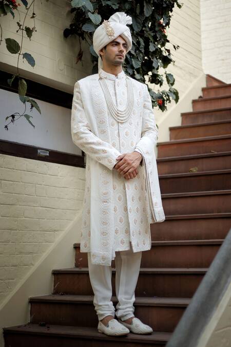 Buy_Ankit V Kapoor_Ivory Cotton, Silk Embroidery, Gota Patti Fahad Thread Sherwani Set_Online_at_Aza_Fashions
