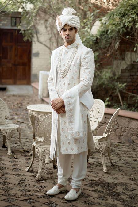 Shop_Ankit V Kapoor_Ivory Cotton, Silk Embroidery, Gota Patti Fahad Thread Sherwani Set_Online_at_Aza_Fashions