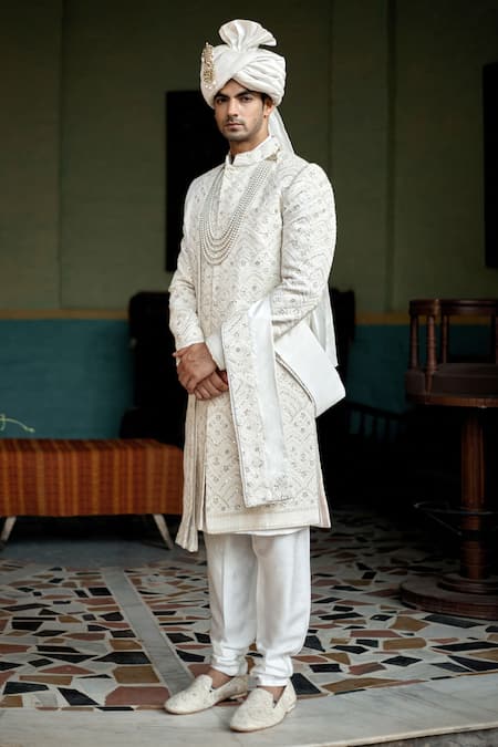 Ankit V Kapoor_Ivory Cotton, Silk Sequins, Embroidery Hasan Thread Sherwani Set_Online_at_Aza_Fashions