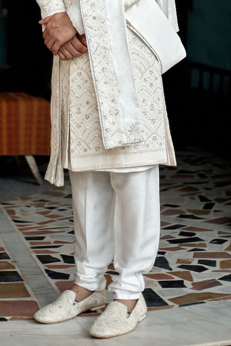 Buy_Ankit V Kapoor_Ivory Cotton, Silk Sequins, Embroidery Hasan Thread Sherwani Set_Online_at_Aza_Fashions