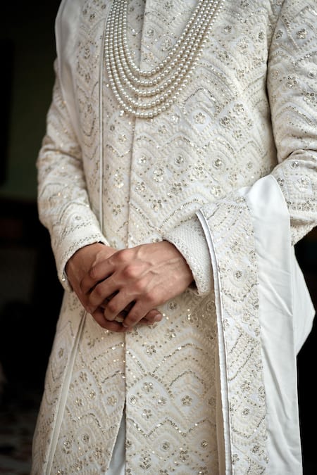 Shop_Ankit V Kapoor_Ivory Cotton, Silk Sequins, Embroidery Hasan Thread Sherwani Set_Online_at_Aza_Fashions