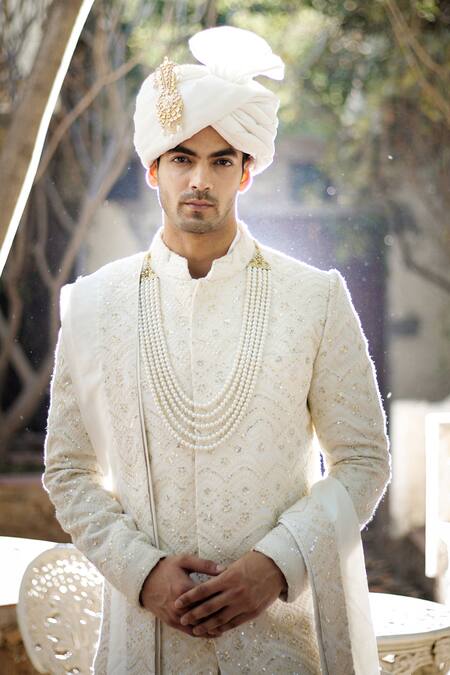 Ankit V Kapoor_Ivory Cotton, Silk Sequins, Embroidery Hasan Thread Sherwani Set_at_Aza_Fashions