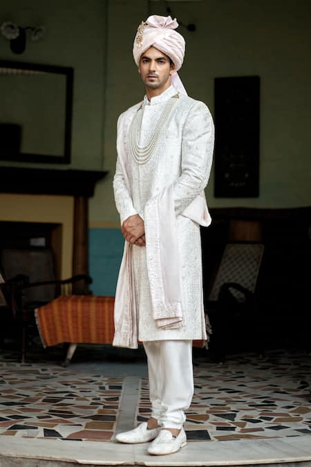 Ankit V Kapoor_Ivory Cotton, Silk Embroidery, Sequins Feroz Thread Sherwani Set _Online_at_Aza_Fashions