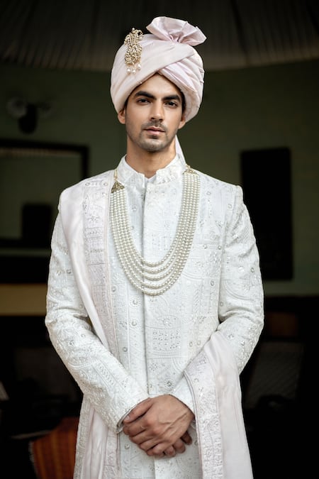 Buy_Ankit V Kapoor_Ivory Cotton, Silk Embroidery, Sequins Feroz Thread Sherwani Set _Online_at_Aza_Fashions