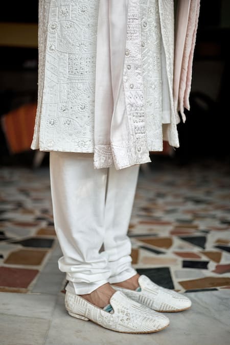 Shop_Ankit V Kapoor_Ivory Cotton, Silk Embroidery, Sequins Feroz Thread Sherwani Set _Online_at_Aza_Fashions