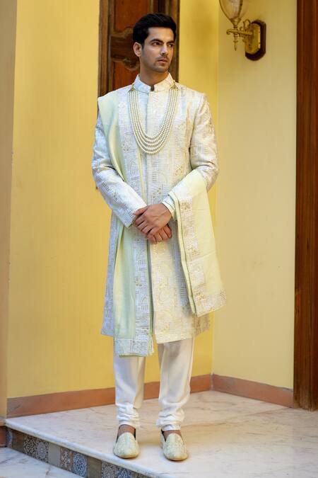 Ankit V Kapoor_Green Cotton, Silk Embroidery, Sequins Zahid Thread Work Sherwani Set _Online_at_Aza_Fashions