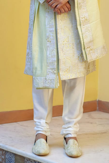 Buy_Ankit V Kapoor_Green Cotton, Silk Embroidery, Sequins Zahid Thread Work Sherwani Set _Online_at_Aza_Fashions