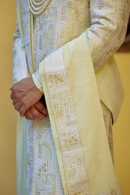 Shop_Ankit V Kapoor_Green Cotton, Silk Embroidery, Sequins Zahid Thread Work Sherwani Set _Online_at_Aza_Fashions