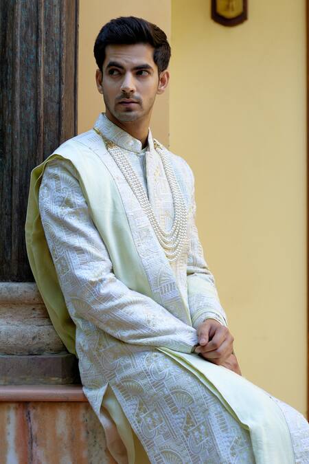 Ankit V Kapoor_Green Cotton, Silk Embroidery, Sequins Zahid Thread Work Sherwani Set _at_Aza_Fashions