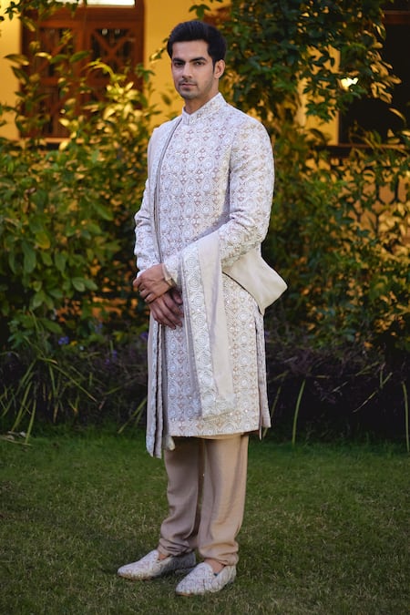 Ankit V Kapoor_Beige Cotton, Silk Cut Work, Imran Mughal Thread Embroidered Sherwani Set _Online_at_Aza_Fashions