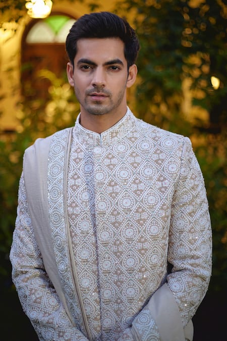 Buy_Ankit V Kapoor_Beige Cotton, Silk Cut Work, Imran Mughal Thread Embroidered Sherwani Set _Online_at_Aza_Fashions