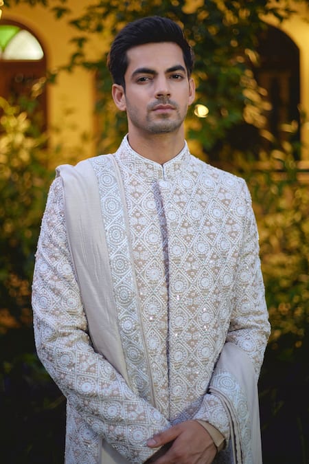 Shop_Ankit V Kapoor_Beige Cotton, Silk Cut Work, Imran Mughal Thread Embroidered Sherwani Set _Online_at_Aza_Fashions