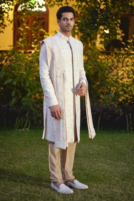 Ankit V Kapoor_Beige Cotton, Silk Sequins, Embroidery Umair Thread Sherwani Set _Online_at_Aza_Fashions