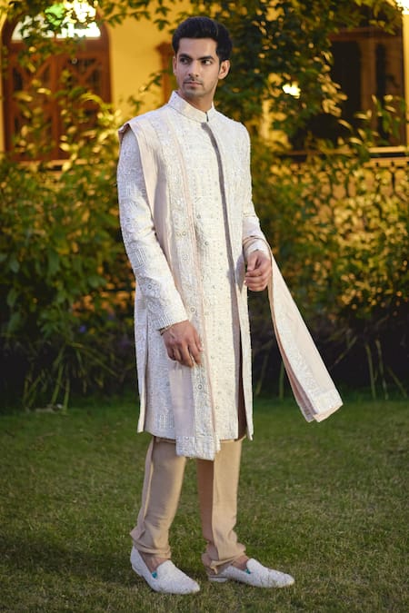 Buy_Ankit V Kapoor_Beige Cotton, Silk Sequins, Embroidery Umair Thread Sherwani Set _Online_at_Aza_Fashions