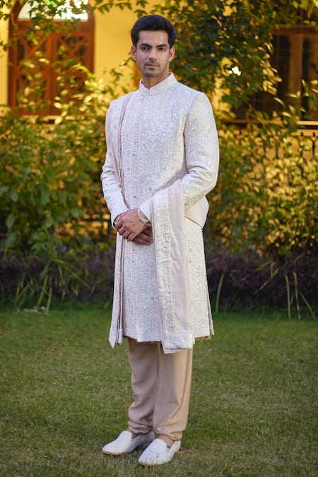 Shop_Ankit V Kapoor_Beige Cotton, Silk Sequins, Embroidery Umair Thread Sherwani Set _Online_at_Aza_Fashions