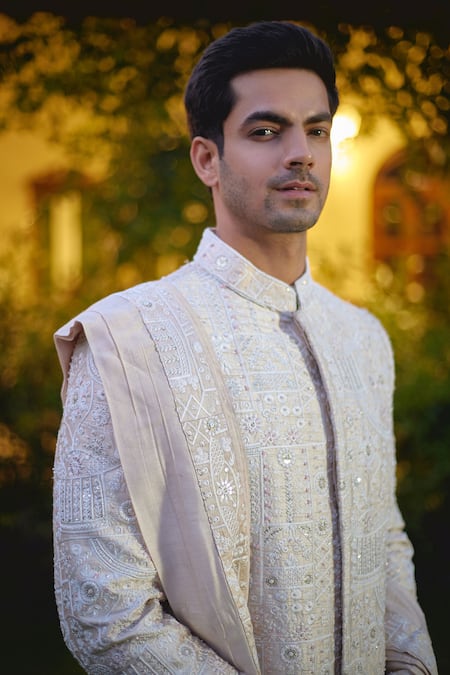 Ankit V Kapoor_Beige Cotton, Silk Sequins, Embroidery Umair Thread Sherwani Set _at_Aza_Fashions