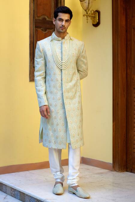 Ankit V Kapoor_Green Cotton, Silk, Viscose Gota Patti, Fahad Thread Work Sherwani Set _Online_at_Aza_Fashions