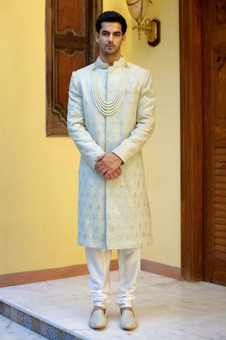 Buy_Ankit V Kapoor_Green Cotton, Silk, Viscose Gota Patti, Fahad Thread Work Sherwani Set _Online_at_Aza_Fashions