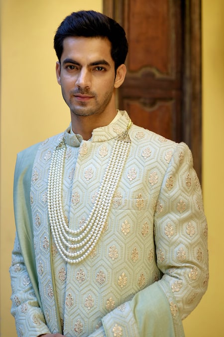 Shop_Ankit V Kapoor_Green Cotton, Silk, Viscose Gota Patti, Fahad Thread Work Sherwani Set _Online_at_Aza_Fashions