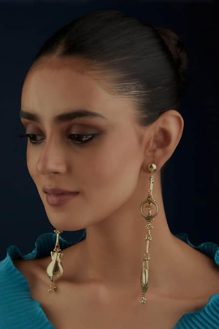 Shop_House Of Tuhina_Gold Plated Beads Fish Embellished Long Earrings _at_Aza_Fashions