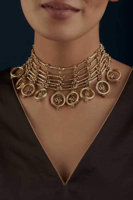 Shop_House Of Tuhina_Gold Plated Geometric Pattern Ring Necklace _at_Aza_Fashions