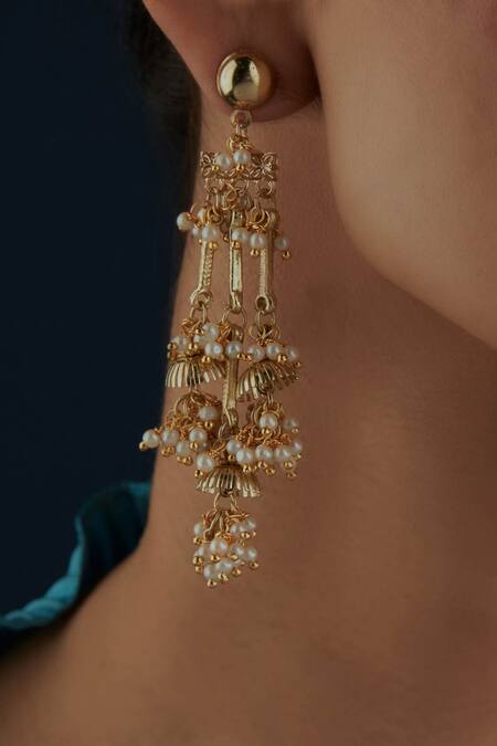 House Of Tuhina Gold Plated Beads Umbrella Embellished Long Earrings Online at Aza Fashions House Of Tuhina_Gold Plated Beads Umbrella Embellished Long Earrings _Online_at_Aza_Fashions