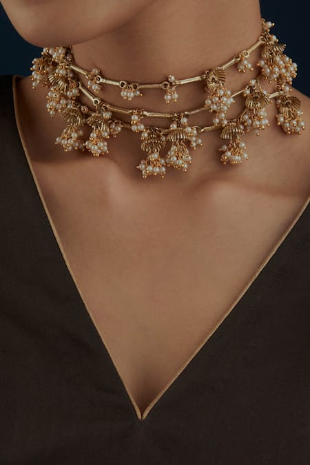 Shop House Of Tuhina Gold Plated Umbrella Multi Layer Bead Embellished Necklace at Aza Fashions Shop_House Of Tuhina_Gold Plated Umbrella Multi Layer Bead Embellished Necklace_at_Aza_Fashions