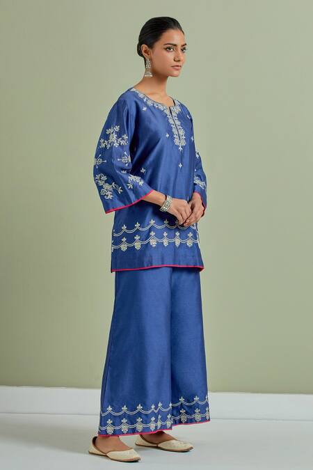Priya Chaudhary Blue Chanderi Silk Sequins, Embroidery Round Neck Short Kurta Online at Aza Fashions Priya Chaudhary_Blue Chanderi Silk Sequins, Embroidery Round Neck Short Kurta _Online_at_Aza_Fashions