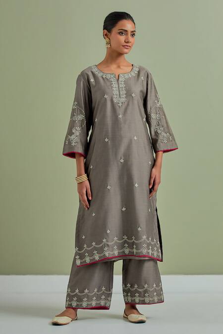 Priya Chaudhary_Grey Chanderi Silk Embroidery, Sequins, Cut Work Round Neck Kurta Palazzo Set _Online_at_Aza_Fashions