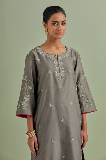Buy_Priya Chaudhary_Grey Chanderi Silk Embroidery, Sequins, Cut Work Round Neck Kurta Palazzo Set _Online_at_Aza_Fashions