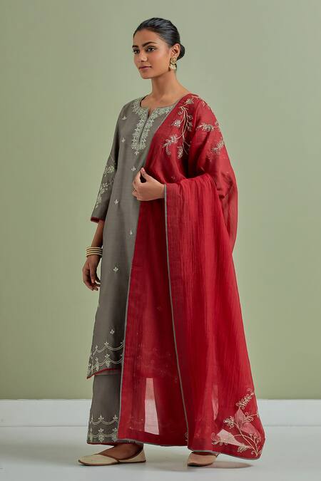 Shop_Priya Chaudhary_Grey Chanderi Silk Embroidery, Sequins, Cut Work Round Neck Kurta Palazzo Set _Online_at_Aza_Fashions