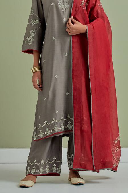 Priya Chaudhary_Grey Chanderi Silk Embroidery, Sequins, Cut Work Round Neck Kurta Palazzo Set _at_Aza_Fashions